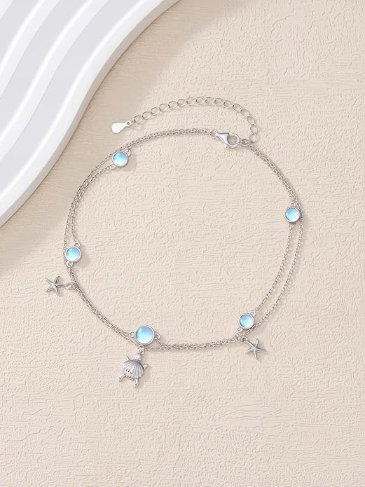 Wave/Dolphin Bracelet/Sea Turtles Anklet 925 Sterling Silver Adjustable Moonstone Bracelet/Anklet Summer Ocean Jewelry Gifts for Women