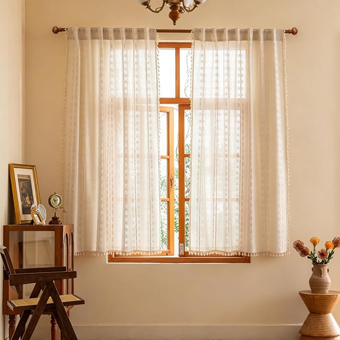 Boho Natural Sheer Curtains 2 Panels for Kitchen Bedroom,Farmhouse, Bohemian Beige Tassels 54 inches Long country Light Filtering Curtains Shabby Chic Embroidery Striped Draps Back Tab, 50" W