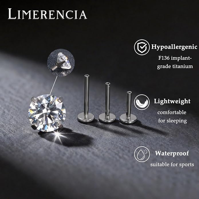 limerencia 2 Pieces Titanium Hypoallergenic Piercing Jewelry 18G 6mm 8mm 10mm Flat Back Internally Threaded Studs Earrings for Cartilage Tragus Helix Conch