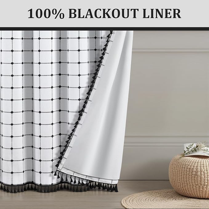 Boho Blackout Black Plaid Curtains 84 Inch Linen Blend Drapes with Tassels 2 Panels, Cotton Embroidered Farmhouse Curtains for Living Room Bedroom