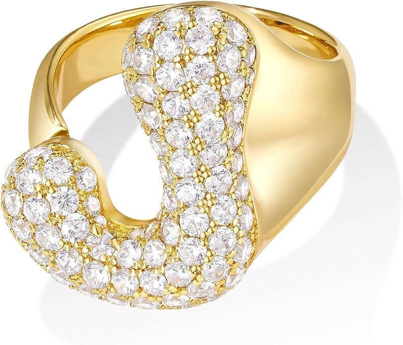 KissYan Bubble Initial Ring for Women, 14K Gold Plate Balloon Jumbo Letter Rings Open Adjustable Dainty Pave CZ Personalized Fashion Jewelry Gift for Mother's Day
