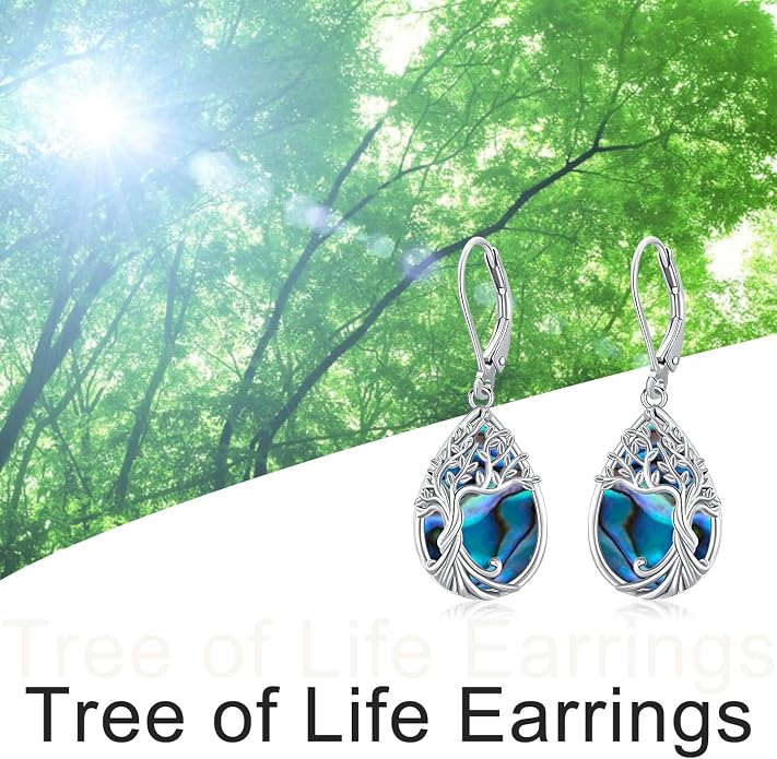 Odinstone 925 Sterling Silver Earrings Tree of Life Teardrop Moonstone Dangle Drop Leverback Earrings for Women