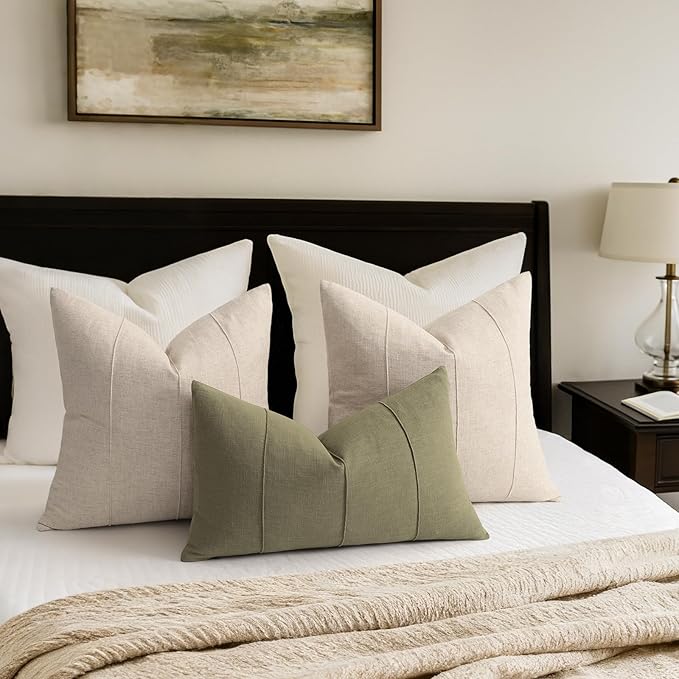 Decorative Linen Throw Pillow Covers 26x26 Set of 2 Solid handcrafted Striped Cushion Covers for Bed Soft Modern Farmhouse Neutral Pillowcase for Couch Bedroom Living Room Home Decor(Natural Beige)