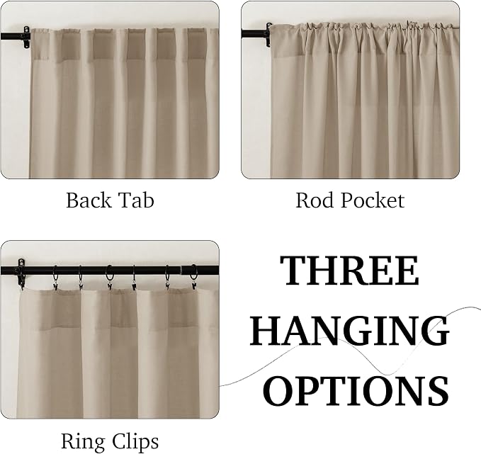 RYB HOME Semi Sheer Curtains 84 inches 2 Panels Set, Faux Linen Texture Light Filtering Airy Half Privacy Gauze Curtain Cortina for Home Office Farmhouse, W 52 x L 84, Taupe
