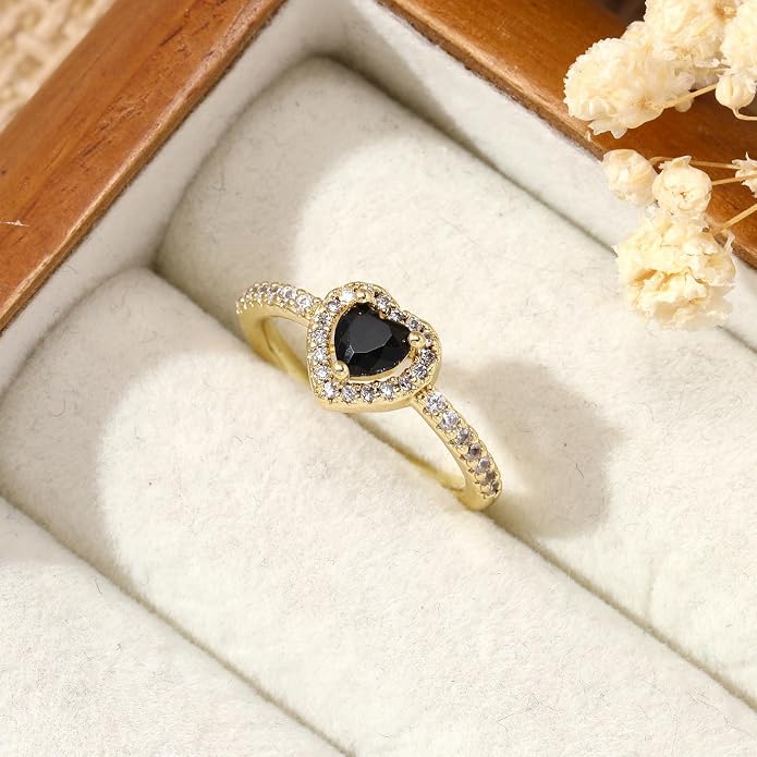 Gold Birthstone Rings for Women Non Tarnish 14k Gold Plated Dainty Heart Rings Adjustable Size Cubic Zirconia Ring Gold Simulated Gemstone Rings Birthday Gifts for Women
