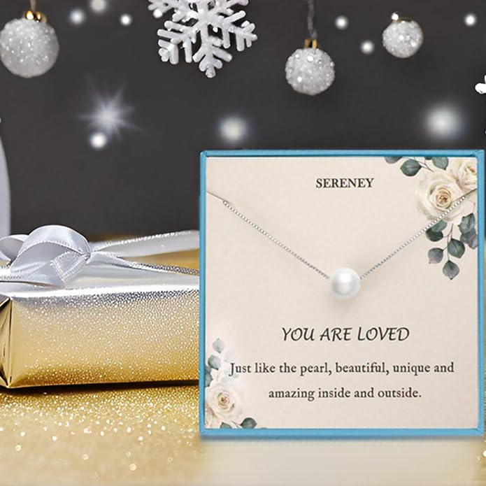 Sereney Sterling Silver Birthday Gifts for Girls Women, Pearl Necklace as 7 9 10 11 13 15 16 18 21 30 40 50 60 Year Old Birthday Gifts, Single Pearl Necklace as Bday Gifts for Friends