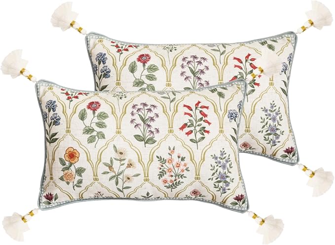 ISAENNE Designer Linen Throw Pillow Cover,Set of 2,20"x12"-Serenity B | French Elegant Rectangle Decor Pillow Cover,Concealed Zipper Design,Colorful Floral Pattern,Sofa,Bedroom,Living Room,Chair