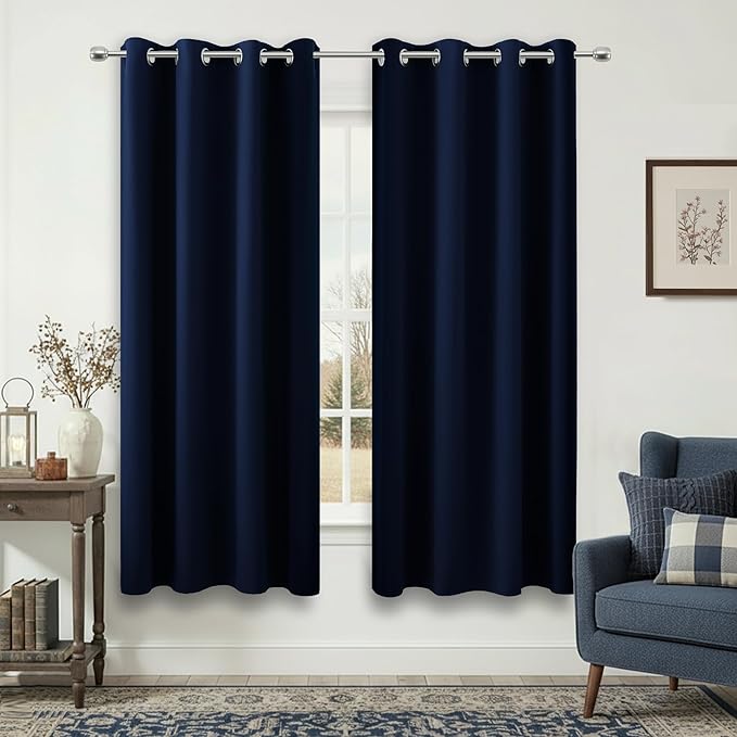 Navy Blue Black Out Curtains 63 Inch Long 2 Panels Burg,Thermal Insulated Pair Grommet Total Blackout Window Shades Light Blocking Dark Curtains for Living Room Kids Children Boy Bedroom 63 Length