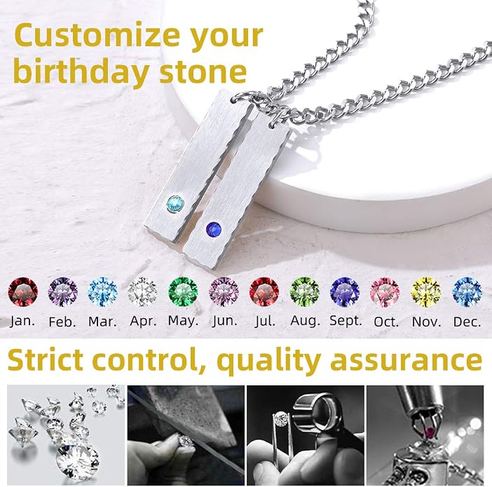 GOLDCHIC JEWELRY Personalized Birthstone Name Necklaces for Men Women, Engraved Family Names Necklace with Birthstone Vertical Bar Necklace, Pendant for Husband/Father/Grandma/Wife Birthday Gifts