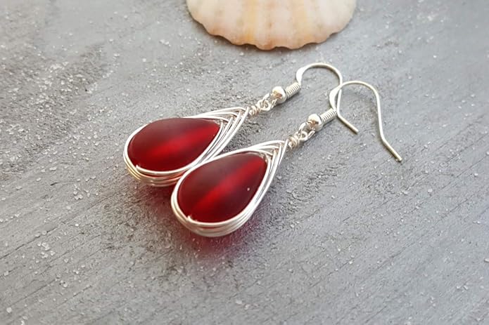 Handmade Sea Glass Earrings, Hawaiian Jewelry, Wire Braided Earrings Teardrop Earrings, Beach Jewelry Sea Glass Jewelry For Women Birthday Gift