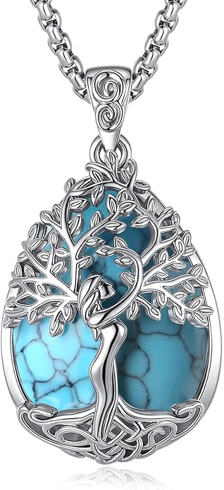 EUDORA Tree of Life Necklace with Moonstone Amethyst Obsidian Turquoise Healing Crystal for Women, Silver Plated Copper Mother Tree of Life Pendant Amulet Energy Jewelry, Gift for Women Mom, 20"+2"