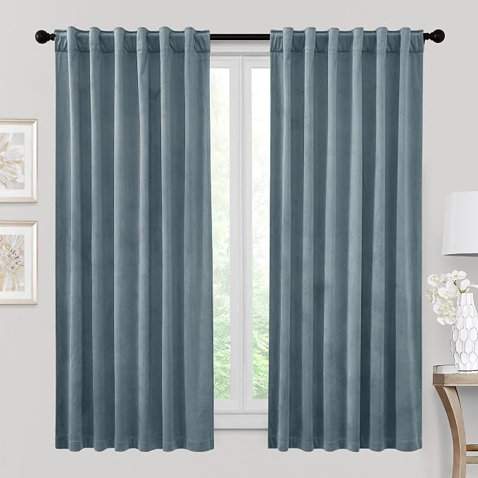 RYB HOME Velvet Curtains 72 inches Length, Back Tab & Rod Pocket Soft Fabric Curtains & Drapes for Bedroom Bathroom Cafe, Stone Blue, W 42 x L 72, 2 Panels Set