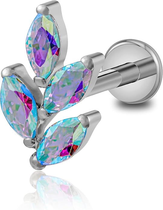 FINE4U 1PC Leaf Flat Back Stud Flat, Helix, Conch, Tragus 6mm 8mm - ASTM F136 Titanium Screw on Body Piercing Jewelry