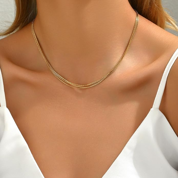 18K Gold Plated Layered Herringbone Necklaces for Women Dainty Layering Beaded Snake Chain Choker Moon Coin Pendant Necklace Trendy Stainless Steel Jewelry