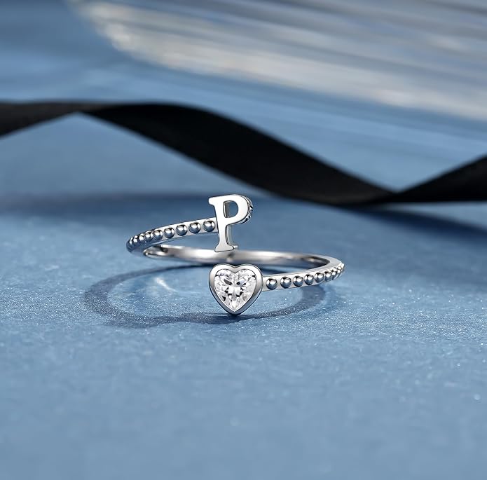 Step Forward 925 Sterling Silver Adjustable Initial Ring for Women | Non Tarnish Letter Rings for Lady | Alphabet Heart Thumb Rings | Capital Letter Jewelry Gifts