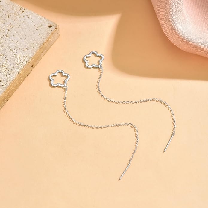 Flower Threader Drop Earrings for Women, 925 Sterling Silver Dainty Hollow Floral Dangle Earrings to Daughter Mother 14k Gold Plated Flowers Long Tassel Chain Earring Birthday Wedding Jewelry Gift