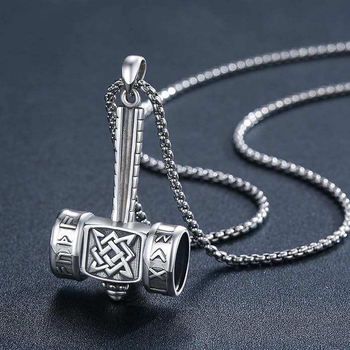 Thor's Hammer Talisman Necklace - S925 Sterling Silver Viking Amulet Pendant - Norse Compass/Odin Celtic Pagan Symbol Jewelry Gifts for Men Women