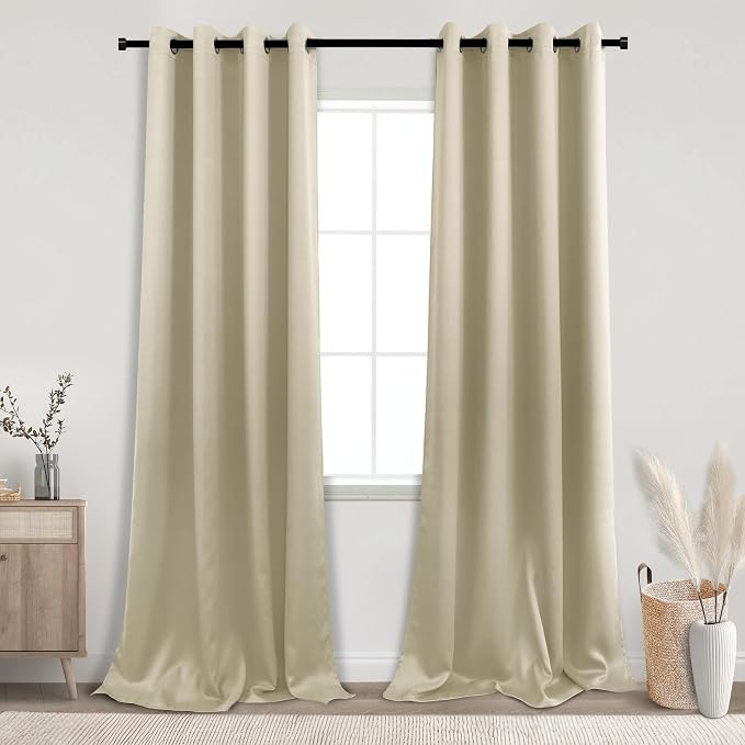 KOUFALL Beige Blackout Curtains 2 Panels,Black Out Room Darkening Grommet Bobo Eclectic Curtains for Living Room with Rings,52x102 Inches Long