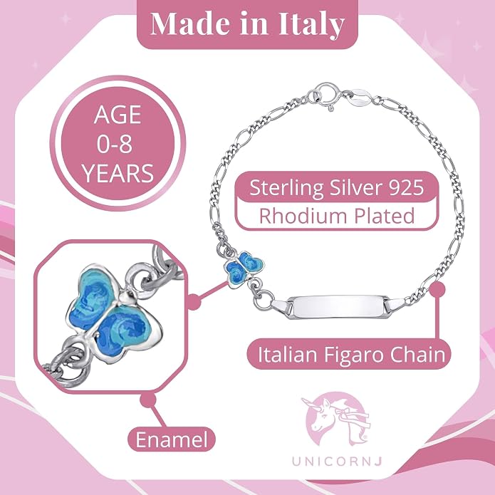UNICORNJ 925 Italy Sterling Silver Child or Baby Name Bracelet Girls Boys, Personalized Engraved Kids ID Bracelets, 6.5" Figaro Chain, Enamel Charm Newborn Infant Toddler Kid Jewelry