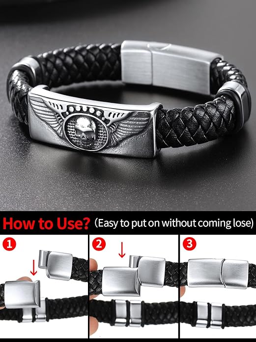 ChainsHouse Mens Wrap Braided Leather Black Bead Bracelets Bangles, Vintage Star of David/Wing Skull/Templar Cross Genuine Leather Bracelet, Customize Available, Size 7.5/8.3/9.0 Inch, Send Gift Box