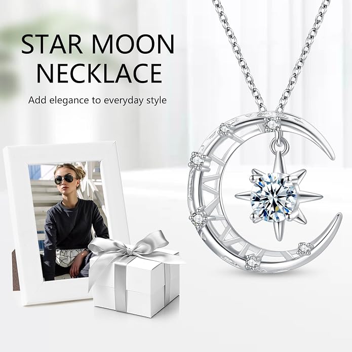Palpitate Moon Star Necklace Moon Phase Necklace Pendant 925 Sterling Silver Jewelry Christmas Gifts for Women Wife Her Adjustable Chain