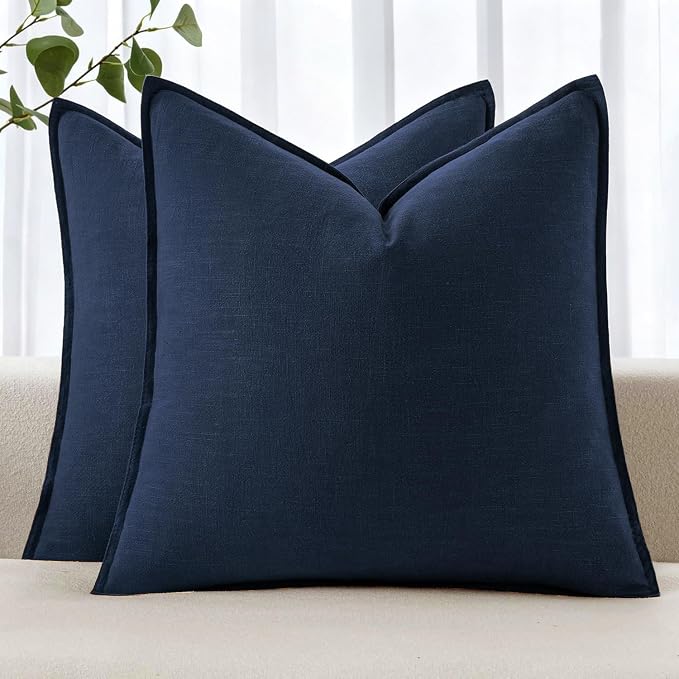 MIULEE Decorative Linen Pillow Covers 18x18 Inch Navy Blue | Boho Farmhouse Neutral Couch Throw Pillows for Bed, Pack of 2 Accent Coastal Modern Pillowcases, Sofa Livingroom Home Decor