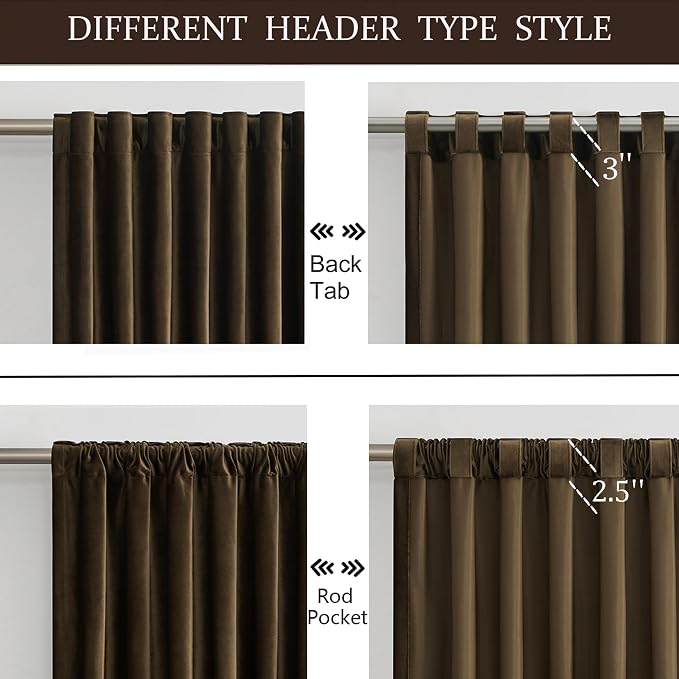 PRIMROSE 100% Full Blackout Brown Velvet Curtains 90 inch Long for Living Room,Set of 2 Liner Rod Pocket Back Tab Thermal Window Curtains Room Darkening Heavy Decorative Curtains Drapes for Bedroom