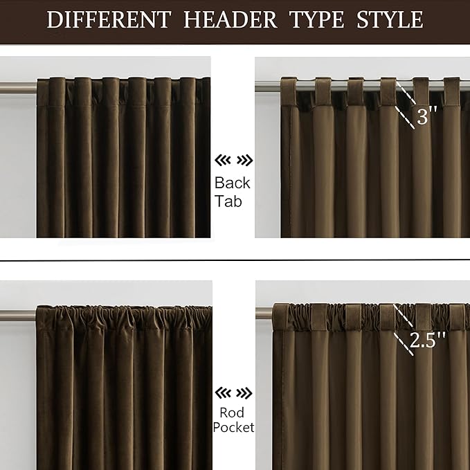 PRIMROSE Full Blackout Brown Velvet Curtains 102 inch Long for Living Room,2 Panles Liner Rod Pocket Back Tab Thermal Window Curtains Room Darkening Heavy Curtain Drapes for Bedroom