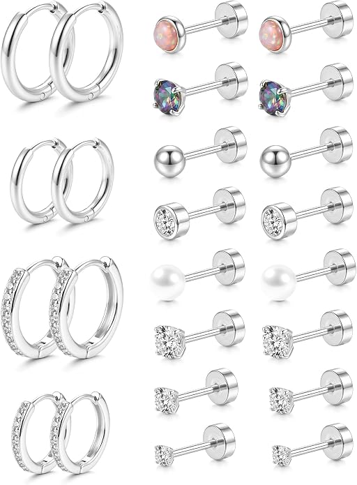 14K Gold Plated Hypoallergenic Earring Stack Set, Surgical Steel Flat Back & Screw Back Studs, Multi‑Size Small Huggie Hoops, Nickel‑Free CZ Pearl Opal Cartilage Earrings, Comfortable Sleeping Piercing Jewelry for Sensitive Ears Women & Men