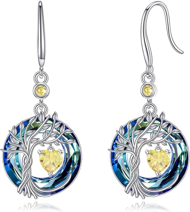 POPLYKE Tree of Life Birthstone Earrings 925 Sterling Silver Dainty Gemstone Birthstone Dangle Drop Earring with Crystal Fine Jewelry Birthday Gifts for Women Her