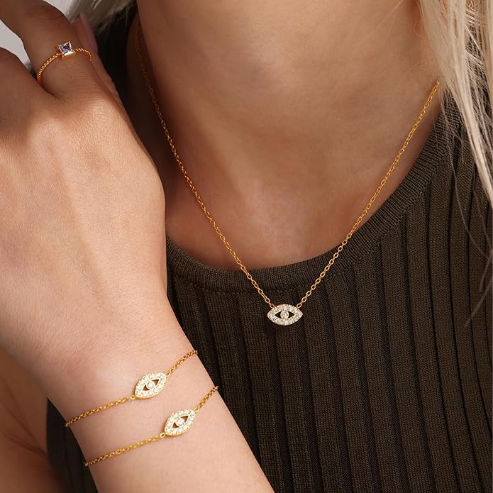 JUN MEIR'S 18K Gold Plated Evil Eye Adjustable Bracelet for Women, Simple Zirconia Link Bracelet, Birthday Anniversary Jewelry Gifts for Wife, Mom, Best Friend
