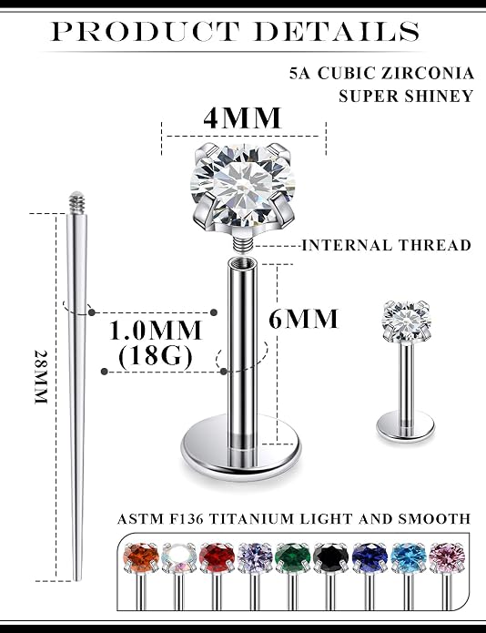 20G 18G 16G Astm F136 Titanium Internal Thread Flat Back Earrings Nose Studs Tragus Helix Conch Cartilage Lobe Earrings Medusa Labret Snake Bite Monroe Lip Ring Piercing Jewelry For Women Men