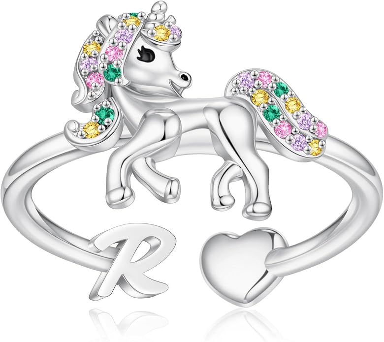 Unicorn Initial Rings for Teen Girls, Rose Gold/White Gold Plated Heart Initial Rings for Girls Adjustable Stackable Rings for Women Diny Heart Ring for Teen Girls Gifts Unicorns Gifts for Girls