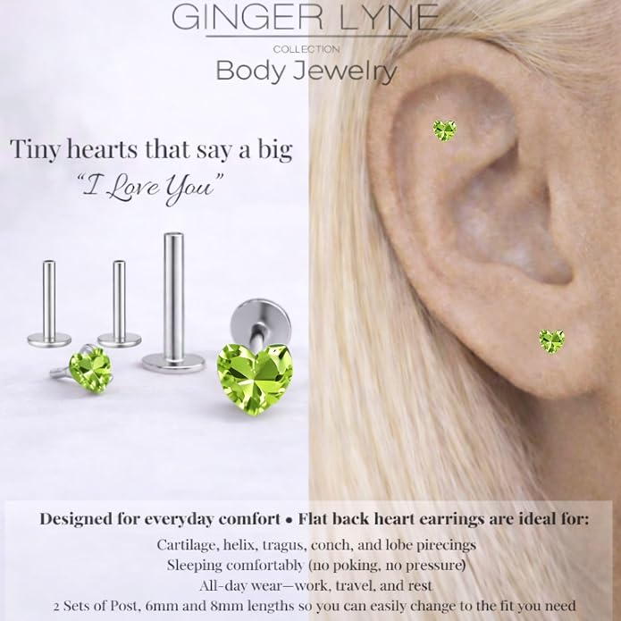 Titanium Heart CZ Labret Stud Earrings for Piercings by Ginger Lyne 6Pc Set G23 Screw Front Flat Back Body Jewelry 2 pair post 6mm, 8mm Cartilage, Helix, Tragus, Lip, Conch, Lobe