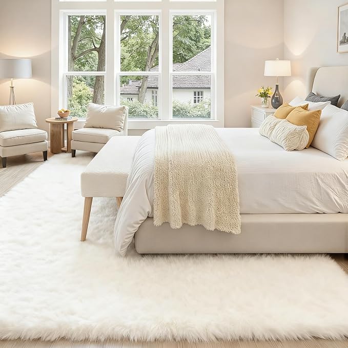 6x9 Area Rug for Living Room, Ultra Soft Fluffy Shag Rugs for Bedroom, Non-Slip Large Fuzzy Plush Rug Indoor Floor Carpet for Nursery Kids Office Dorm Modern Decor, White