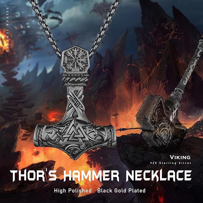 925 Sterling Silver Viking Norse Mjolnir Thor Hammer Pendant Amulet Necklaces with Gifts Box