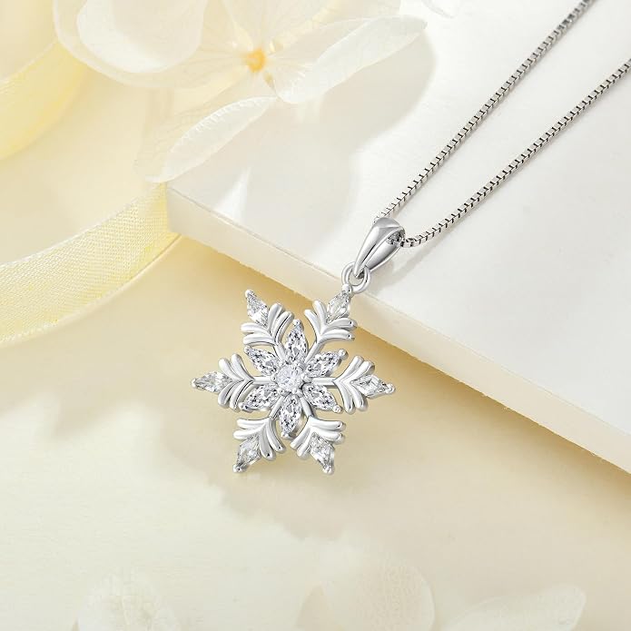 925 Sterling Silver Snowflake Necklace for Women Birthstone Snowflake Pendant Necklace Cubic Zirconia Christmas Jewelry