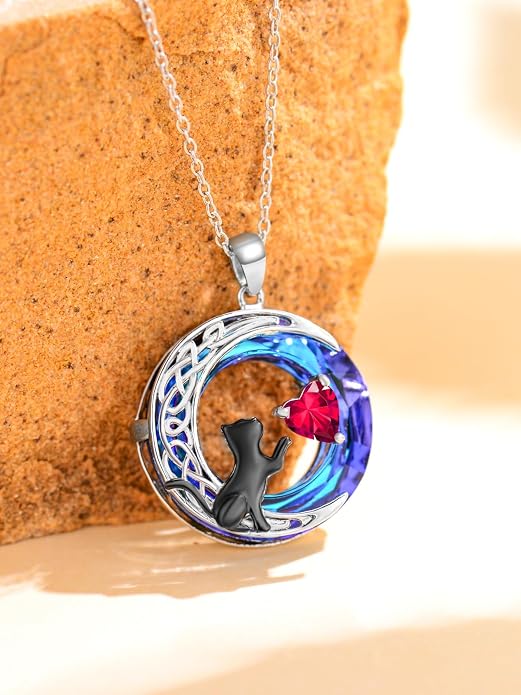 TOUPOP Cat Gifts for Cats Lovers 925 Sterling Silver Black Cat Necklace Celtic Moon Birthstone Jewelry for Women Anniversary Birthday Gift for Her Wife Mom