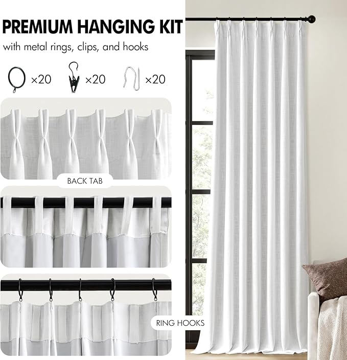 MIULEE White Pinch Pleated 100% Blackout Linen Curtains 108 Inch Long 2 Panels Set, Black Out Memory Trained Pleat Curtains Light Blocking Room Darkening Drapes for Bedroom Living Room Window