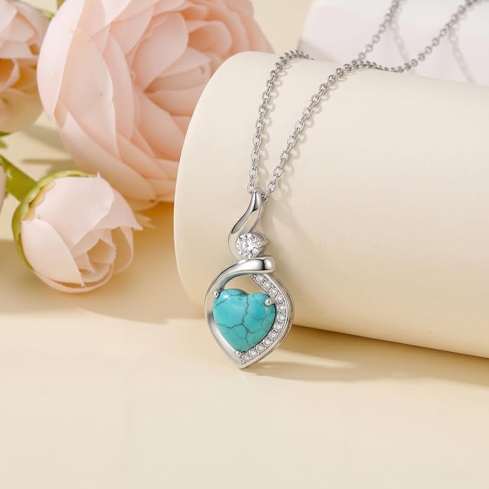 Heart Necklace 925 Sterling Silver Created Moonstone/Turquoise/Lapis Lazuli/Opal Heart Necklace Pendant Necklace Jewelry Gifts for Women