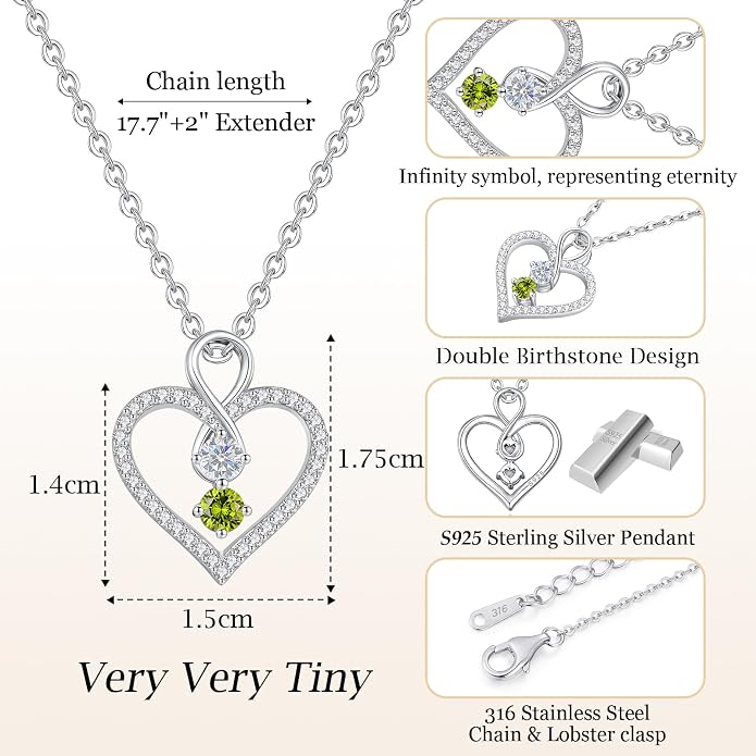 LOUISA SECRET Double Birthstone Necklaces for Women, 925 Sterling Silver Infinity Love Heart Pendant Necklace for Her, Birthday Anniversary Valentine's Day, Christmas, Wedding, Graduation Gift for Her, Personalized Gifts, Jewelry Gifts for Wife Mom Gir...