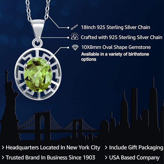 Gem Stone King 925 Sterling Silver 10X8MM Oval Gemstone Birthstone Necklace | Greek Key Pendant Necklace for Women | With 18 Inch Silver Chain