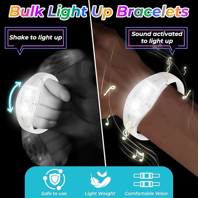 24 Pack Light UP Bracelets Sound Activated Flashing Wristbands Music Control Glow in the Dark Bracelets for Rave Game Prizes Carnival Concerts Night Events Mardi Gras Party Favors