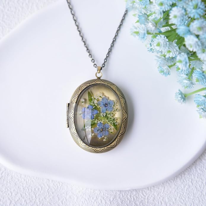 Vintage Photo Locket Necklace Handmade Pressed Flower Locket Necklace for Women