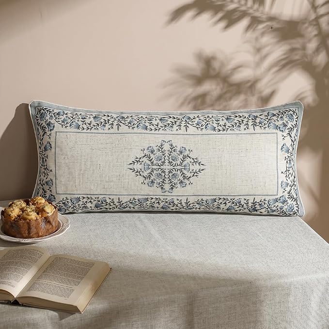 ISAENNE Designer Vintage Linen Throw Pillow Cover,28"x12"-Segerman A | Elegant Chinoiserie Rectangle Pillow Cover,Concealed Zipper Design,Floral Pattern,Sofas,Bedroom,Living Room,Lounge Chairs