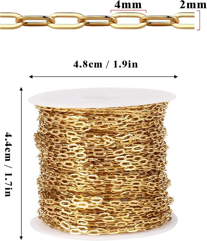 33FT Gold Paperclip Chain Jewelry 2MM 18K Gold PVD Plated Stainless Steel Paperclip Link Chain Roll Bulk for Jewelry Making