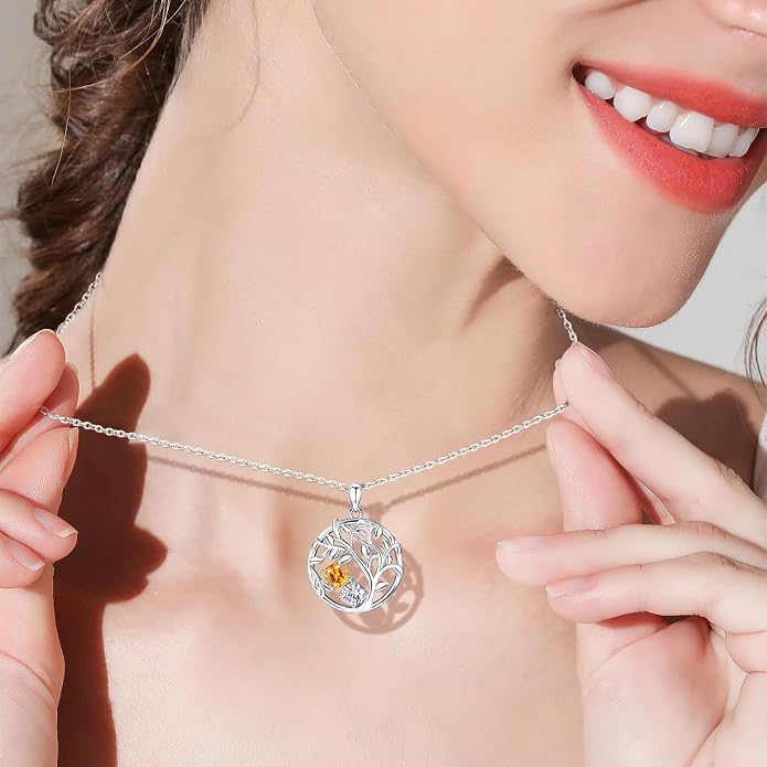 Tree of Life Birthstone Necklace for Women 925 Sterling Silver Birthstone Pendant 12 Months Necklaces with Zircon Birthday Gifts for Women, Mom, Grandma Cable Chain 18"+2"