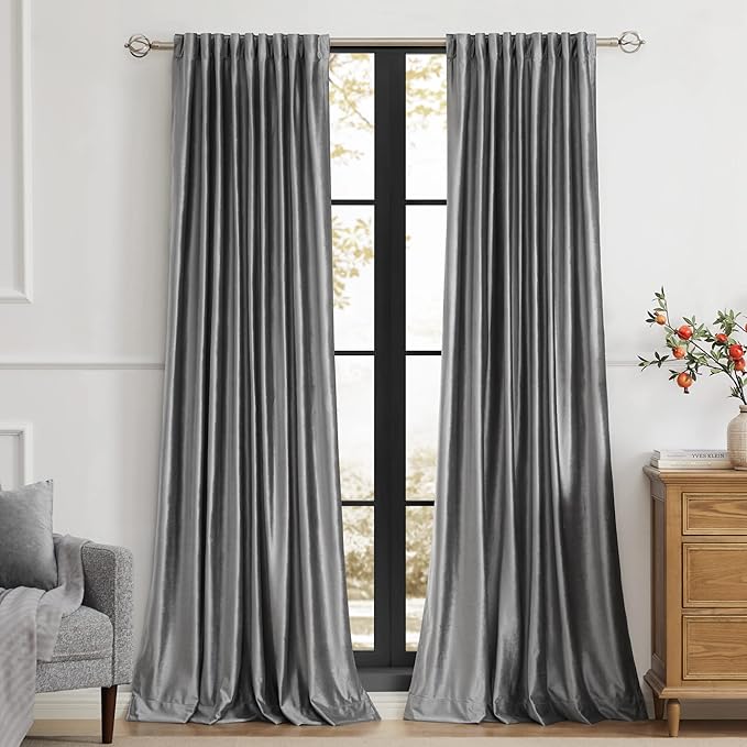 PRIMROSE Dark Grey Velvet Curtains 84 inch Long for Living Room,Set of 2 Panels Blackout Rod Pocket Back Tab Window Treatment Room Darkening Heavy Decorative Curtains Drapes for Bedroom
