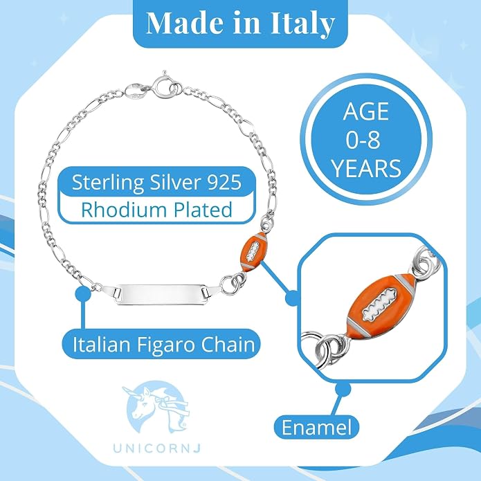 UNICORNJ 925 Italy Sterling Silver Child or Baby Name Bracelet Girls Boys, Personalized Engraved Kids ID Bracelets, 6.5" Figaro Chain, Enamel Charm Newborn Infant Toddler Kid Jewelry