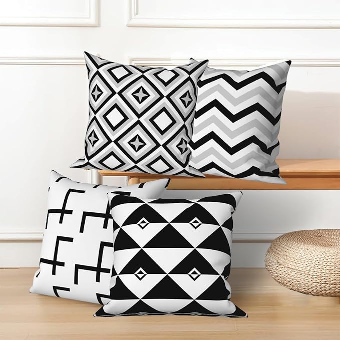 Black White Throw Pillow Cover 16"x16" Set of 4, Modern Minimalist Geometric Irregular Stripes Cushion Cover for Sofa Chair Couch Bed Office Garden Patio Farmhouse Indoor Outdoor